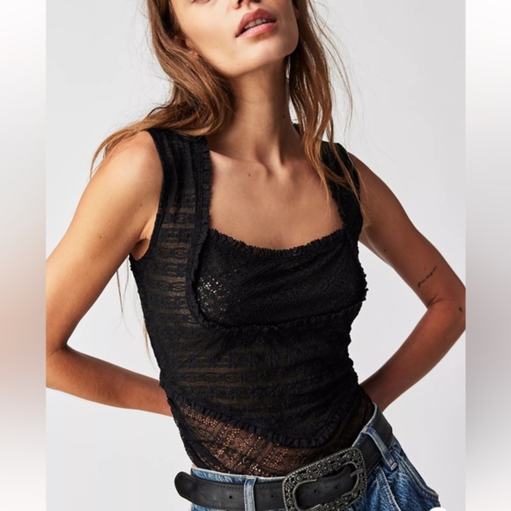 Free People sz L Black My Party semi sheer sleeveless Lace Top w ruffle accents